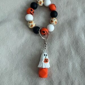 Halloween Ghost Keychain with Orange and Black Beads